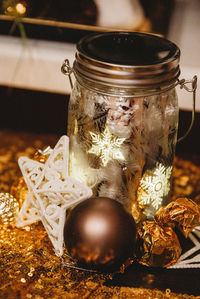 Close-up of christmas decorations on table