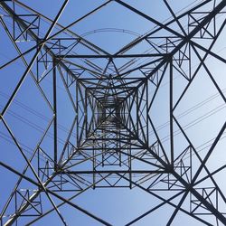 Low angle view of electricity pylon against clear sky