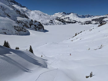 Scenic view of snow covered mountains against sky