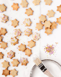 High angle view of cookies on table