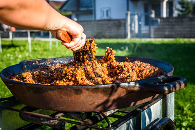 Cropped hand of mid adult man holding food in yard