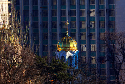 Church dome with windows on background . orthodox church in the city