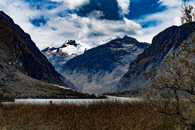 Scenic view of snowcapped mountains against sky