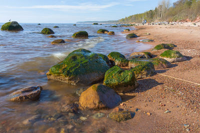 Rocks on beach against sky