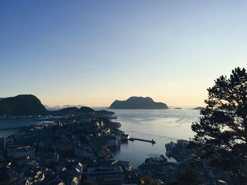 High angle view of sea against clear sky during sunset