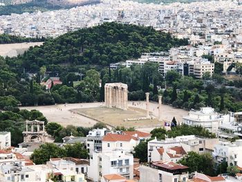 High angle view of buildings in town