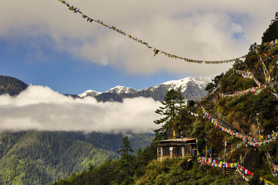 Panoramic view from tigers nest monastery on a buddhist hermitage in paro, bhutan. cloud mountains