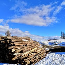 Scenic view of snowcapped field against blue sky