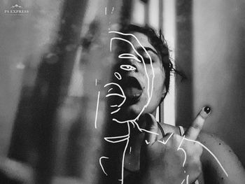 Close-up portrait of woman with text against black background
