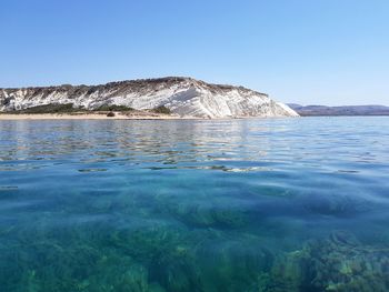 Scenic view of sea against clear blue sky