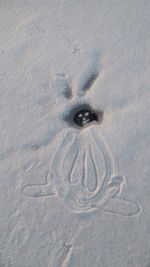 High angle view of footprints on sand at beach during winter