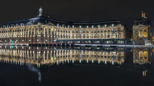 Reflection of building in water at night