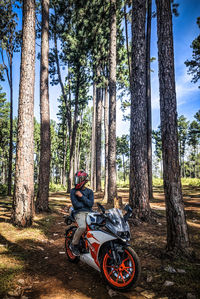 Man riding motorcycle on road amidst trees in forest