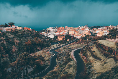 High angle view of city against sky