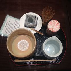 High angle view of dessert in plate on table