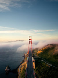 High angle view of golden gate bridge against sky