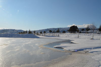 Scenic view of snow covered field against sky