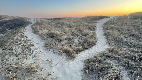 Panoramic shot of land during sunset