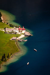 High angle view of sea and buildings