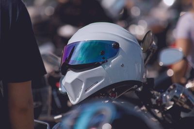 Close-up of motorcycle helmet on bike