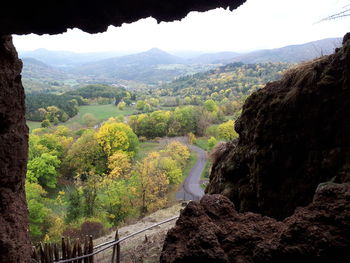 High angle view of landscape and mountains against sky