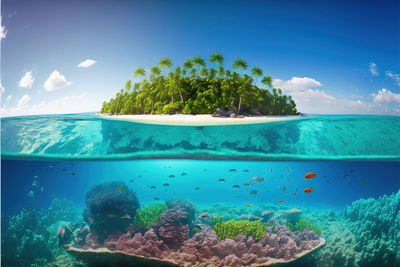 Sunny day tropical island  coral reef split by water. tropical beach with beautiful underwater world