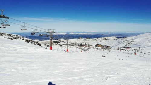 Aerial view of snow covered landscape against sky