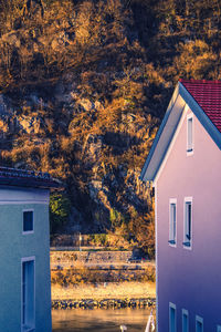 House by trees and buildings against blue sky