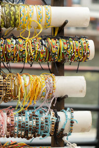 Jewelery showcase on street market. woman choosing decorations on local street market in gdansk