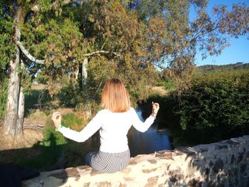 Rear view of woman standing by tree