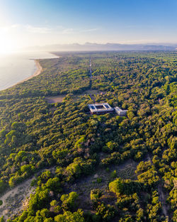 High angle view of trees on landscape against sky