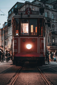 View of train at railroad station in city