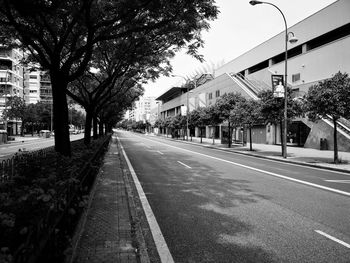 Empty road along trees and buildings