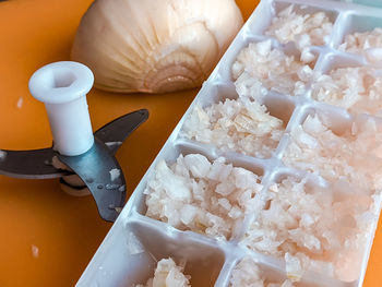 High angle view of bread in container on table