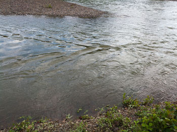 High angle view of text on lake