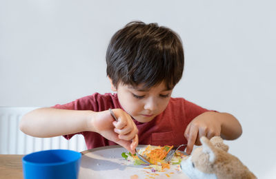 Portrait of boy looking at table