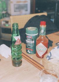 Close-up of glass bottles on table