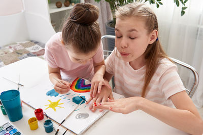 Sisters painting at home