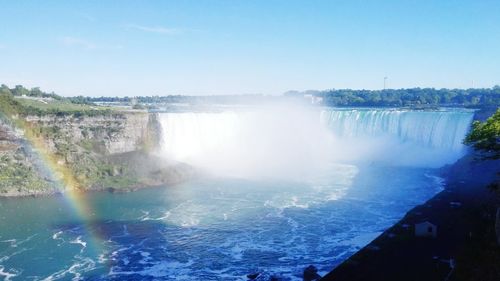 Scenic view of waterfall against clear sky