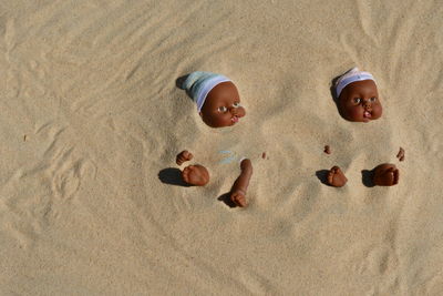 High angle view of dolls buried in sand at beach