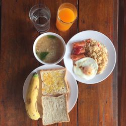 High angle view of breakfast served on table