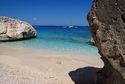 Scenic view of sea against clear blue sky