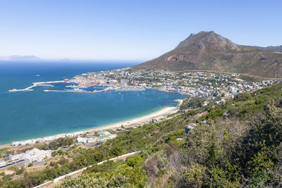 Scenic view of sea and mountains against clear blue sky