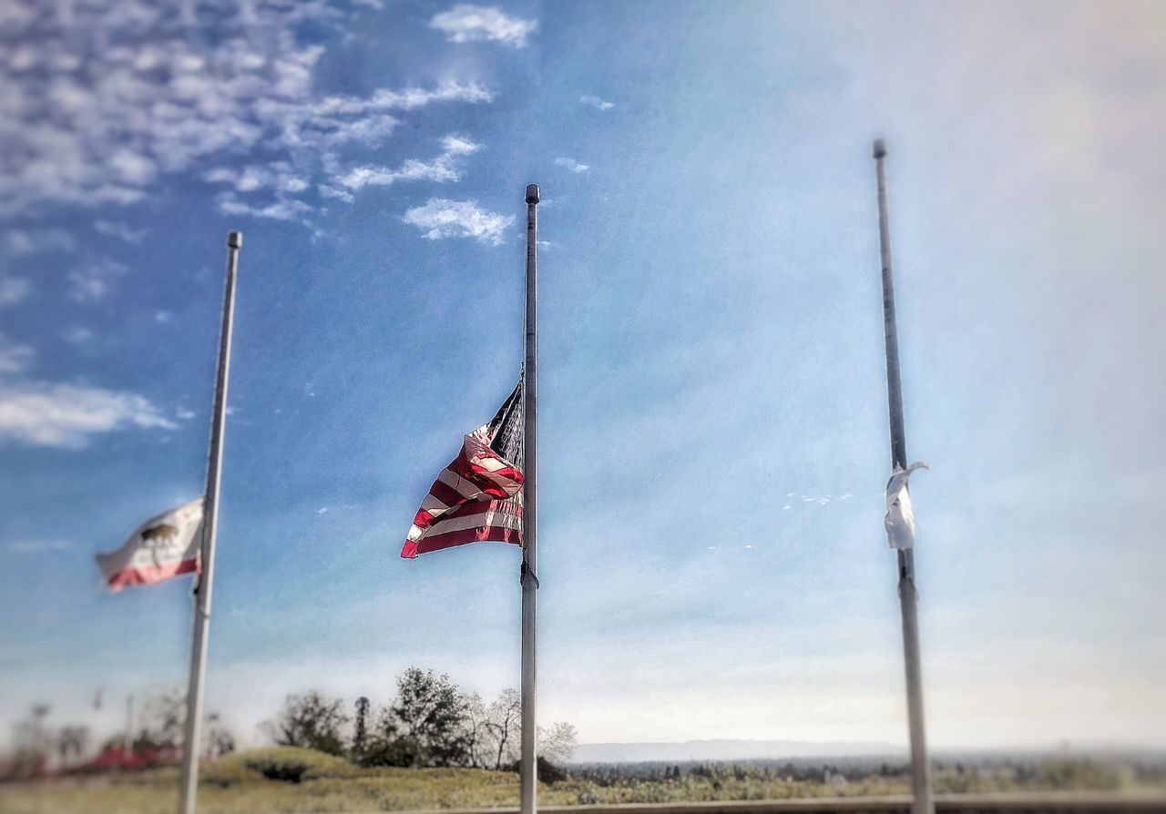 LOW ANGLE VIEW OF FLAGS AGAINST CLOUDY SKY