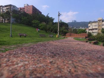 Surface level of road along buildings