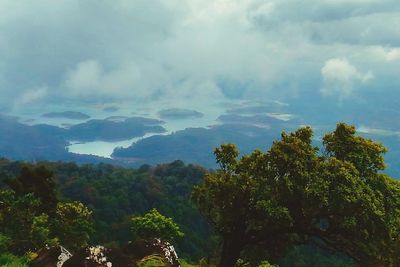 Scenic view of trees and mountains against sky