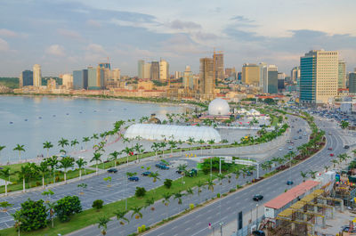 High angle view of city at waterfront