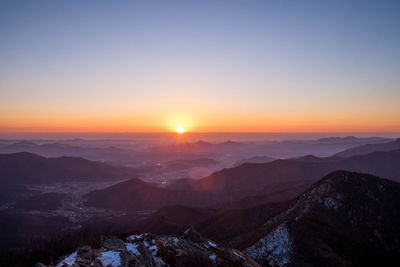 Scenic view of landscape against clear sky during sunset