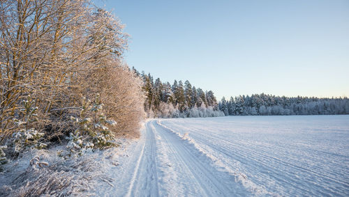 Scenic view of snow covered land against sky