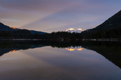 Scenic view of lake by mountains against sky